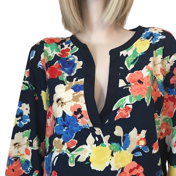 Ralph Lauren Blouse Top Shirt Plunge Neck Tunic Tank Long Sleeve Vivid Floral - Picture 4 of 13